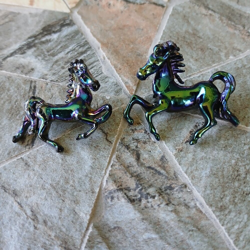 Vintage Black Iridescent Galloping Horse and Pony Brooch Pins (Set of 2 Pins)